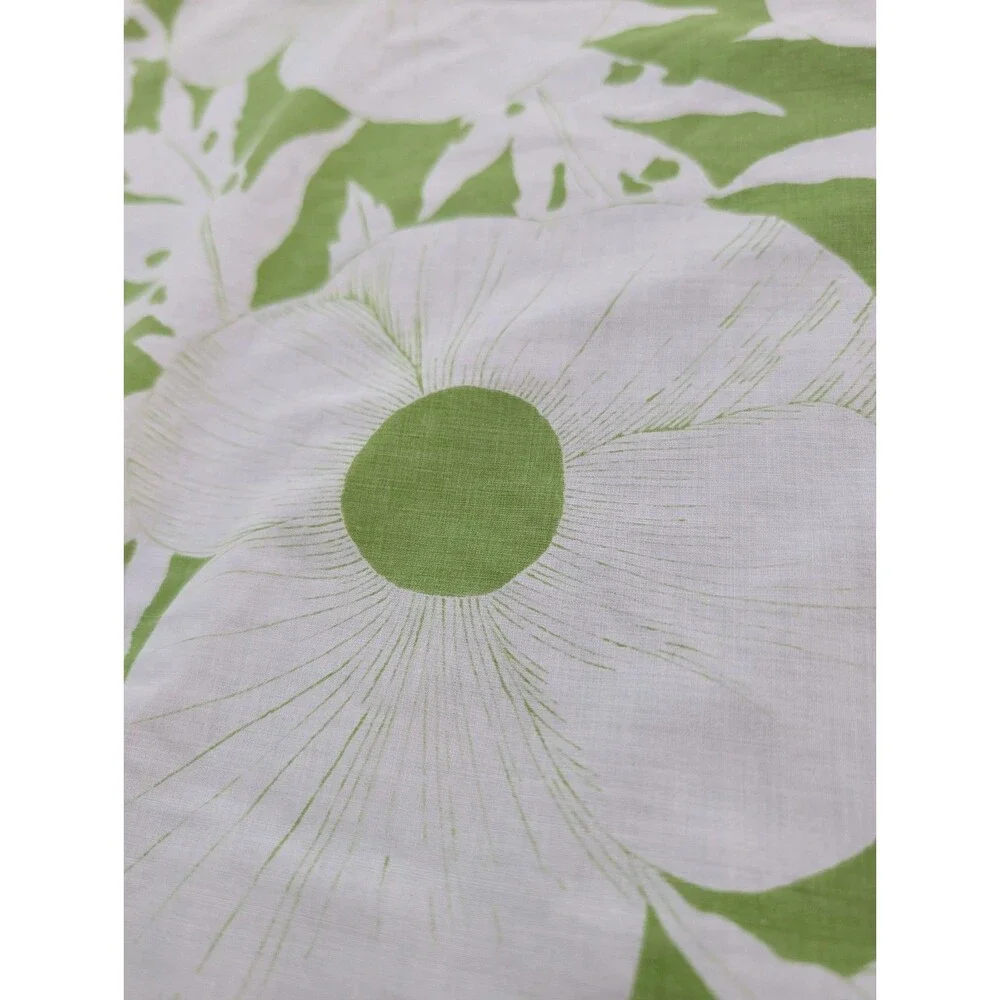 Vintage 70s MCM Queen Flat Sheet Retro Green Floral Dan River Tranquale Flowers